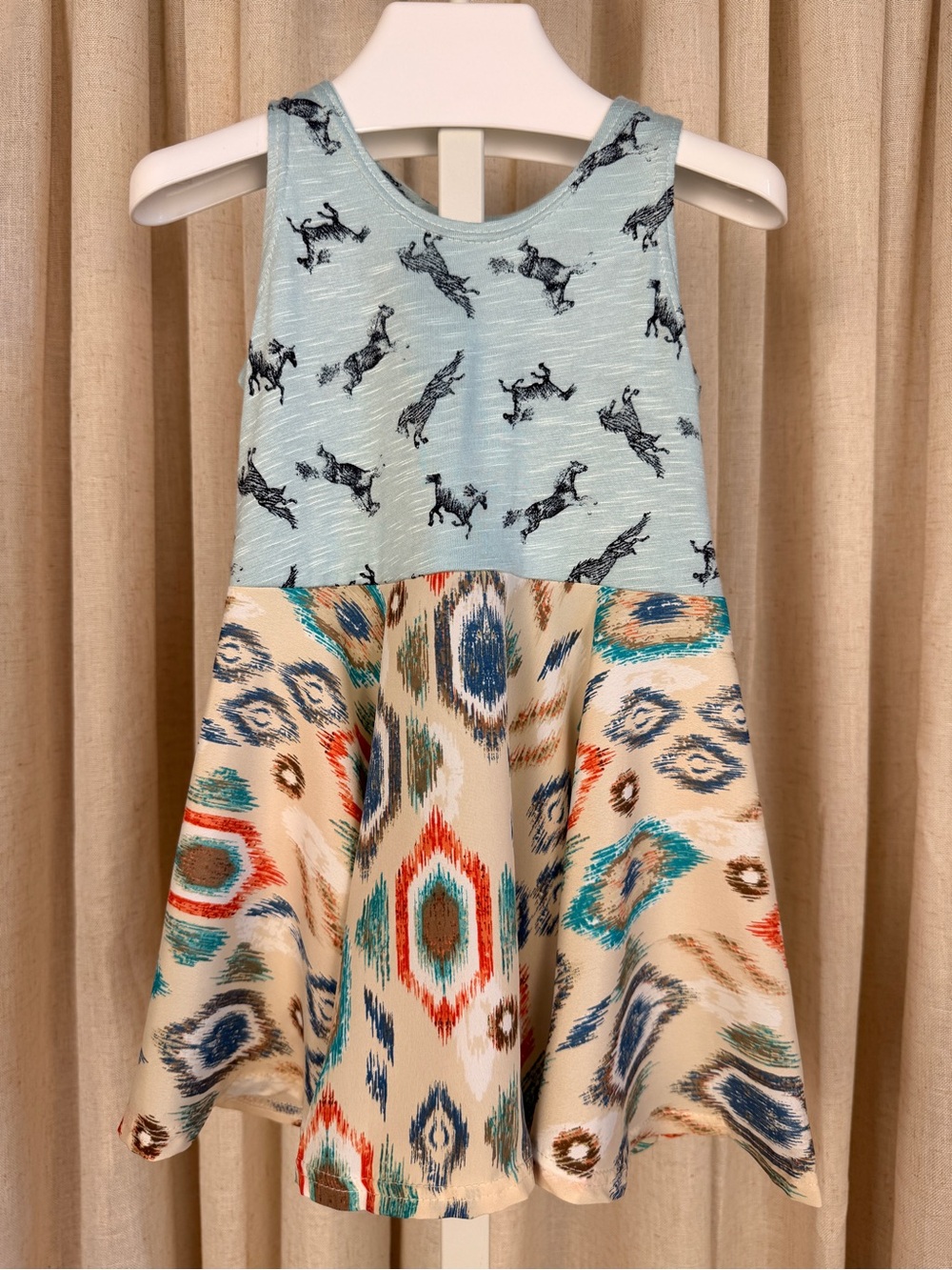 PRETTY ME Blue Sleeveless *HORSES & IKAT* Print Twirly Sun Dress 2T NWOT